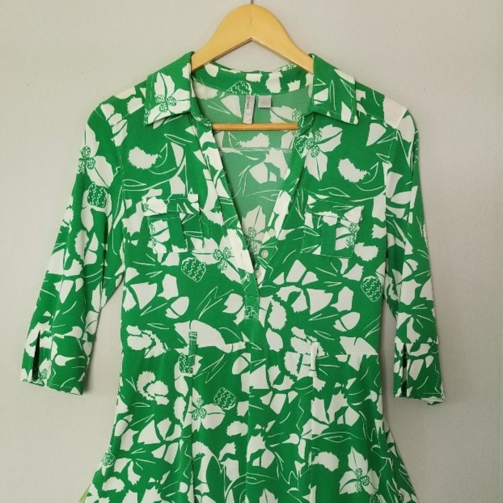 Green and white flowered dress